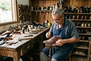 Sapateiro trabalhando na reforma de sapatos sociais em Bragança.