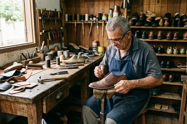 Sapateiro trabalhando na reforma de sapatos sociais em Bragança.