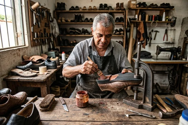 Sapateiro colando a sola de um calçado em Bragança.