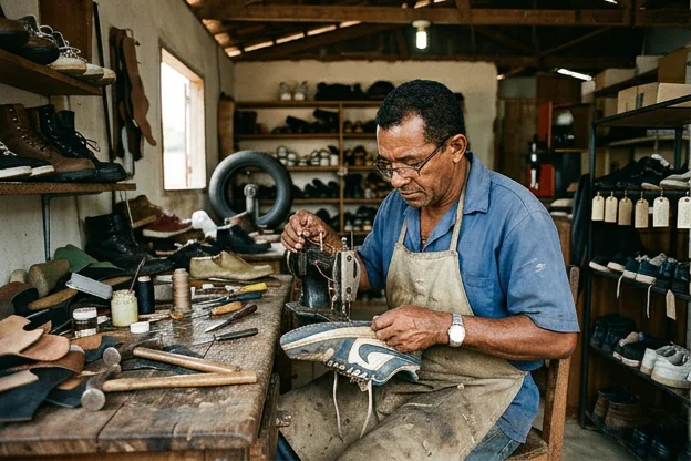 Sapateiro reparando um tênis em Bragança.