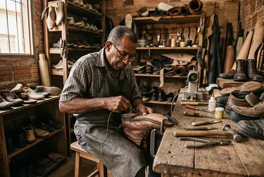 Sapateiro em Bragança costurando um calçado.