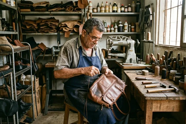 Sapateiro reformando uma bolsa de couro em Bragança.