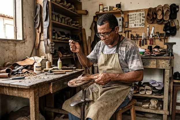 Sapateiro em Bragança consertando uma sandália.