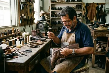 Sapateiro realizando conserto de zíper num par de botas em Bragança.