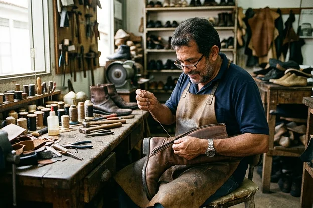 Sapateiro realizando conserto de zíper num par de botas em Bragança.